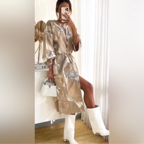 Zara Long Cardigan Coat Coatigan Duster in floral, gold print NWOT Size M - Picture 2 of 14